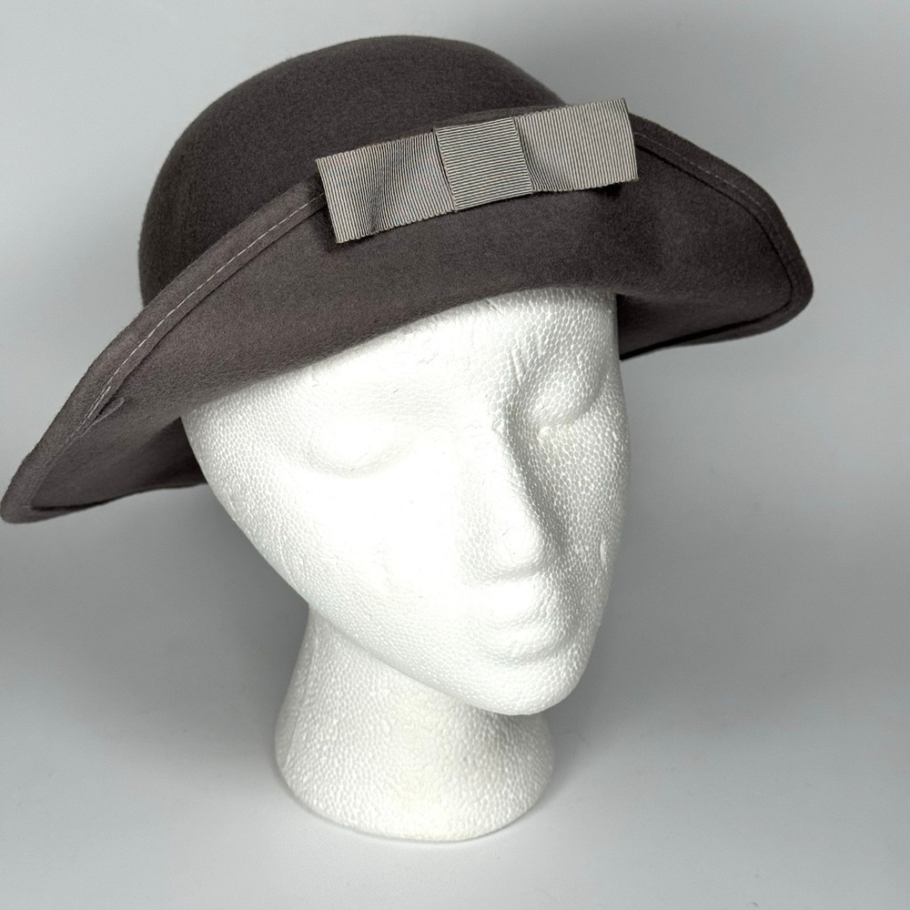 Vtg Taupe 100% Wool Felt Hat 1940s USA Floppy Grosgrain Bow WPL 4384